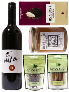 Red Wine hamper with chocolate, spices and honey.
