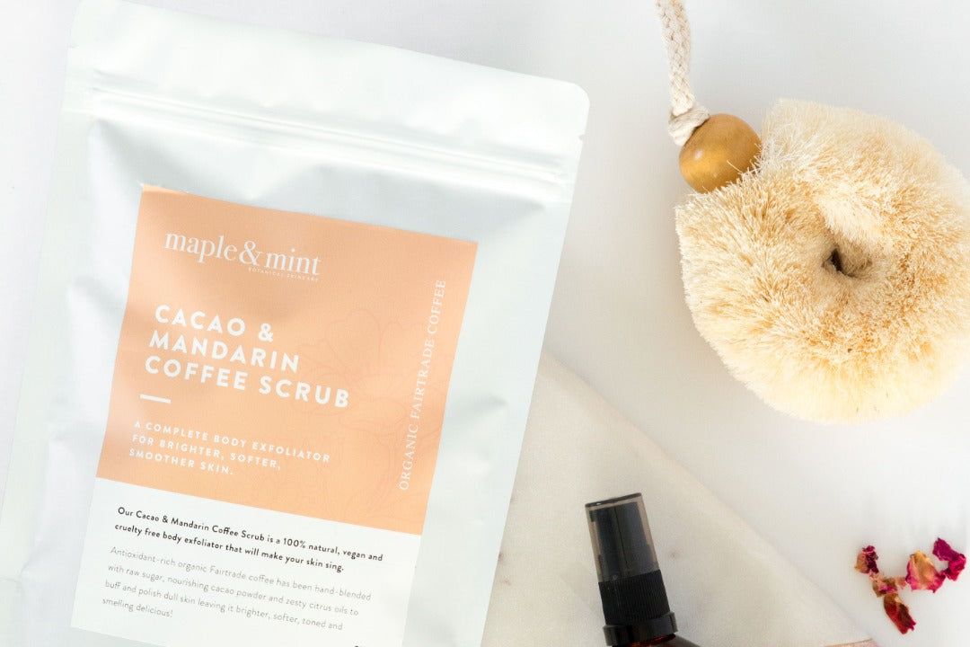 Cacao and mandarin coffee scrub by Maple and Mint from corporate hampers for her