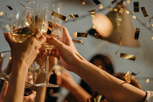 Celebratory drinks with friends and family from our new home hampers
