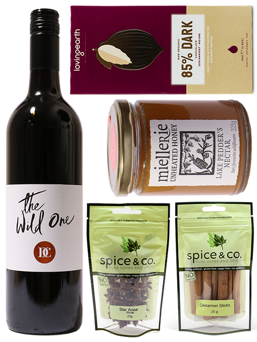 Red Wine hamper with chocolate, spices and honey.