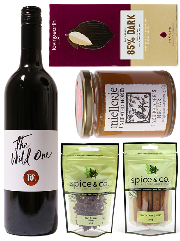 Red Wine hamper with chocolate, spices and honey.